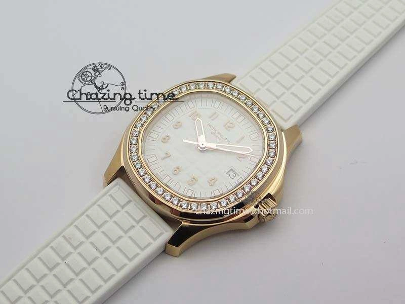 Seasonal Aquanaut RG 35mm Best Edition White Dial Diamond Bezel On White Rubber Strap Ronda Quartz 9074
