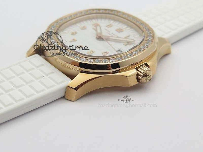 Seasonal Aquanaut RG 35mm Best Edition White Dial Diamond Bezel On White Rubber Strap Ronda Quartz 9074