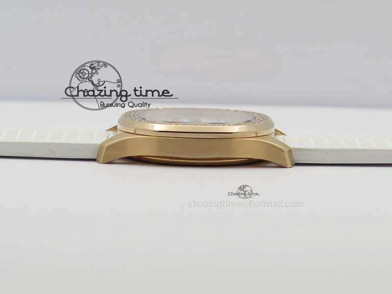 Seasonal Aquanaut RG 35mm Best Edition White Dial Diamond Bezel On White Rubber Strap Ronda Quartz 9074