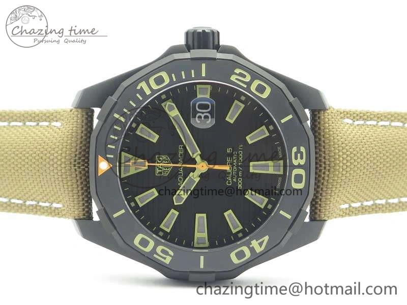 Aquaracer Calibre 43mm DLC V6F Best Edition Black Textured Dial Ceramic Bezel On Nylon Strap A Popular 9684