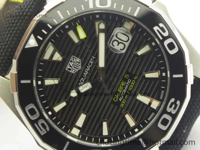 Aquaracer Calibre 43mm SS V6F Best Edition Black Textured Dial Ceramic Bezel On Nylon Strap A Sophisticated 9685