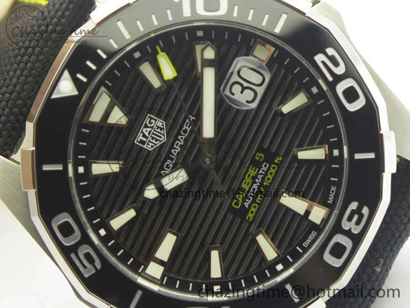 Aquaracer Calibre 43mm SS V6F Best Edition Black Textured Dial Ceramic Bezel On Nylon Strap A Sophisticated 9685