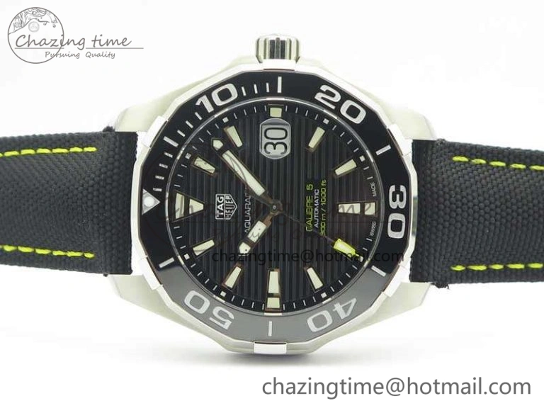 Aquaracer Calibre 43mm SS V6F Best Edition Black Textured Dial Ceramic Bezel On Nylon Strap A Sophisticated 9685
