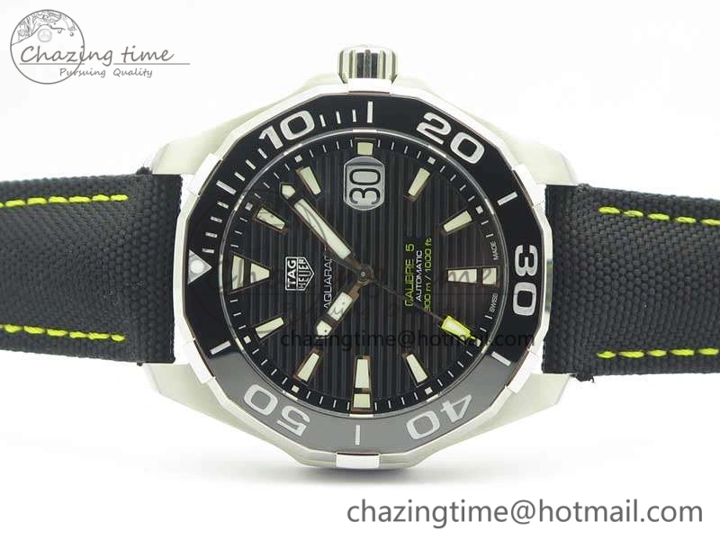 Aquaracer Calibre 43mm SS V6F Best Edition Black Textured Dial Ceramic Bezel On Nylon Strap A Sophisticated 9685