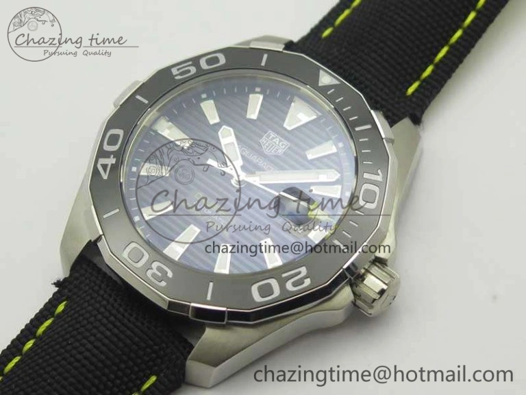 Aquaracer Calibre 43mm SS V6F Best Edition Black Textured Dial Ceramic Bezel On Nylon Strap A Sophisticated 9685