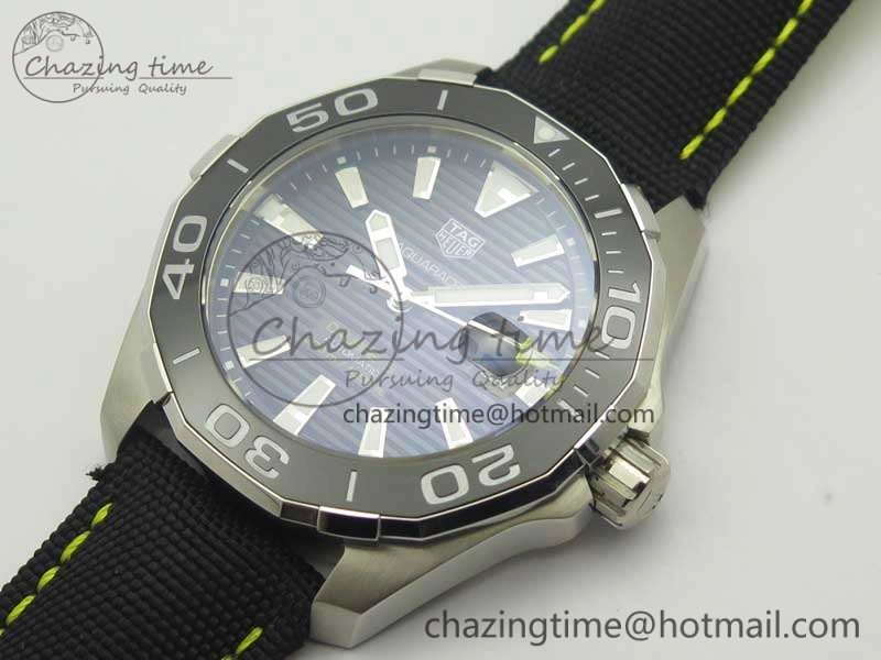 Aquaracer Calibre 43mm SS V6F Best Edition Black Textured Dial Ceramic Bezel On Nylon Strap A Sophisticated 9685