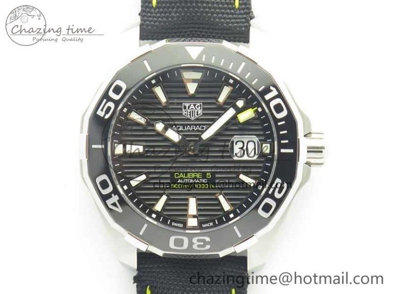 Aquaracer Calibre 43mm SS V6F Best Edition Black Textured Dial Ceramic Bezel On Nylon Strap A Sophisticated 9685