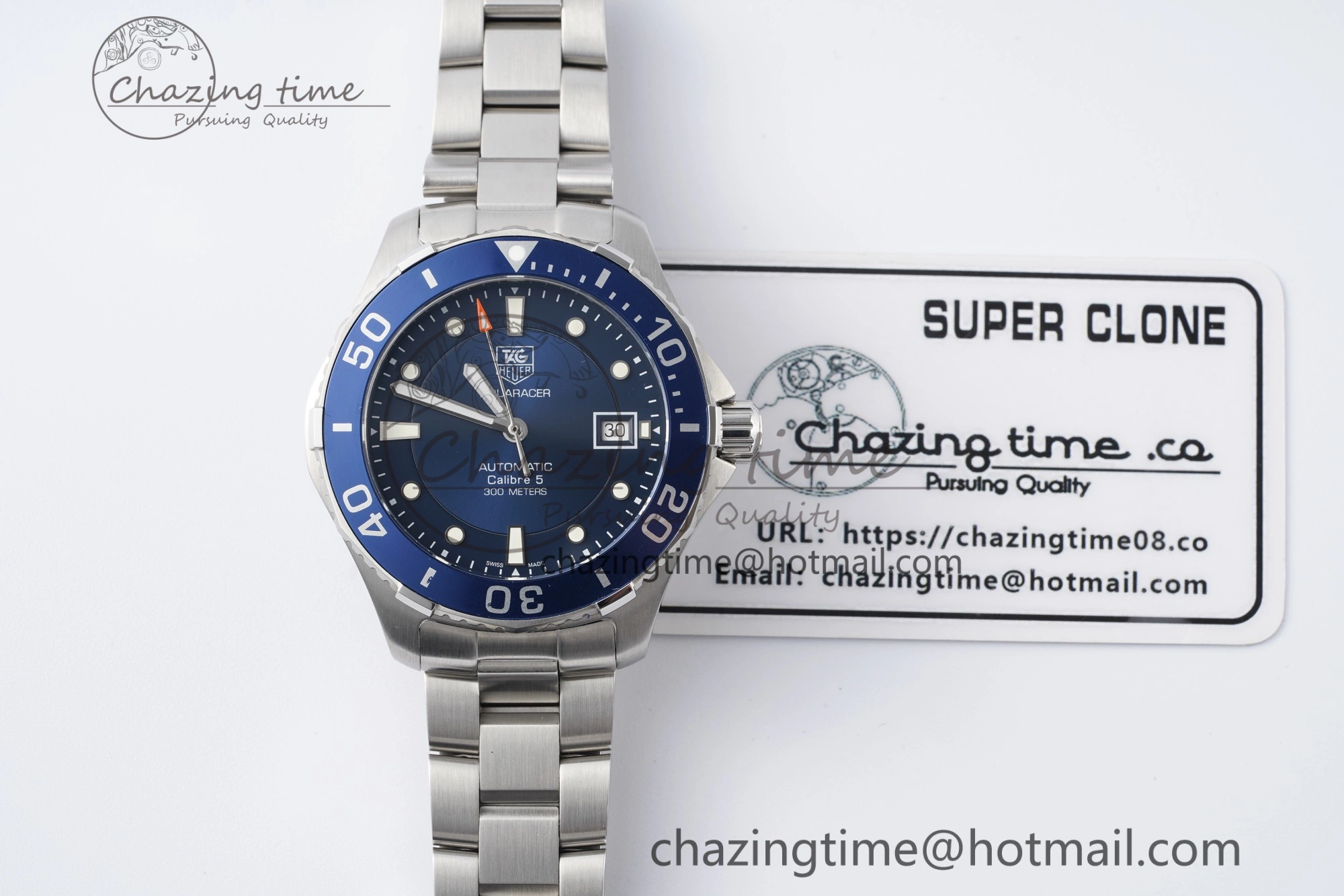 Aquaracer Calibre 5 41.5mm TARF 1:1 Best Edition Blue Dial Blue Bezel on SS Bracelet SW WaterResistant 9662