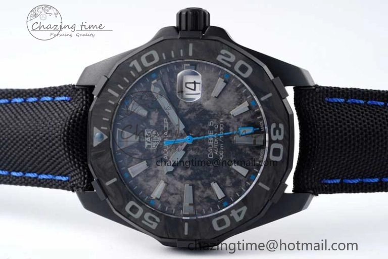 Reliable Aquaracer Calibre 5 PVD 41mm TARF 1:1 Best Edition Carbon Blue Dial on Black Nylon Strap SW 9655
