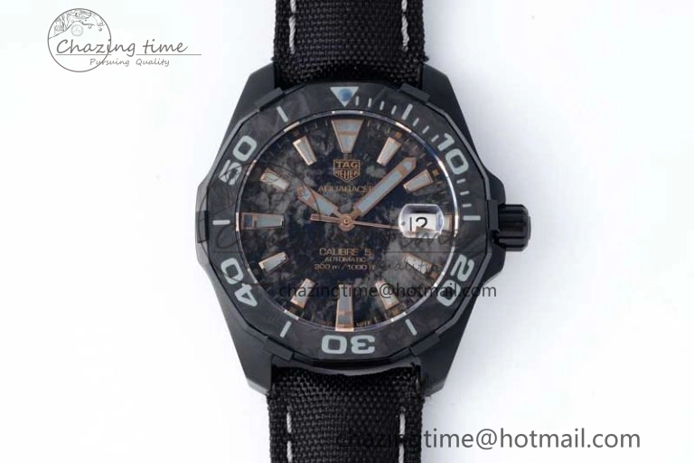 Aquaracer Calibre 5 PVD 41mm TARF 1:1 Best Edition Carbon RG Dial on Black Nylon Strap SW TechFriendly 9654