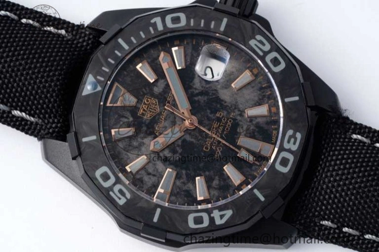 Aquaracer Calibre 5 PVD 41mm TARF 1:1 Best Edition Carbon RG Dial on Black Nylon Strap SW TechFriendly 9654