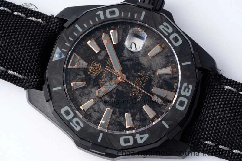 Aquaracer Calibre 5 PVD 41mm TARF 1:1 Best Edition Carbon RG Dial on Black Nylon Strap SW TechFriendly 9654