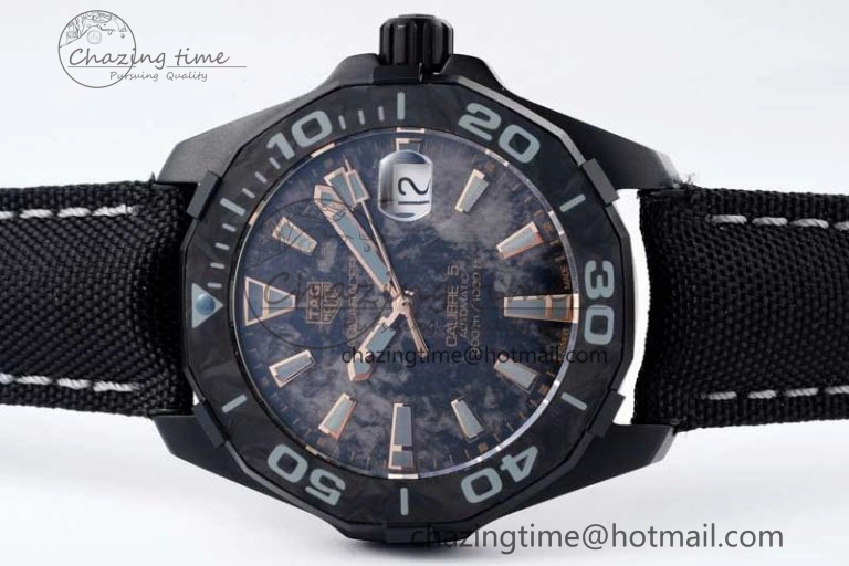 Aquaracer Calibre 5 PVD 41mm TARF 1:1 Best Edition Carbon RG Dial on Black Nylon Strap SW TechFriendly 9654