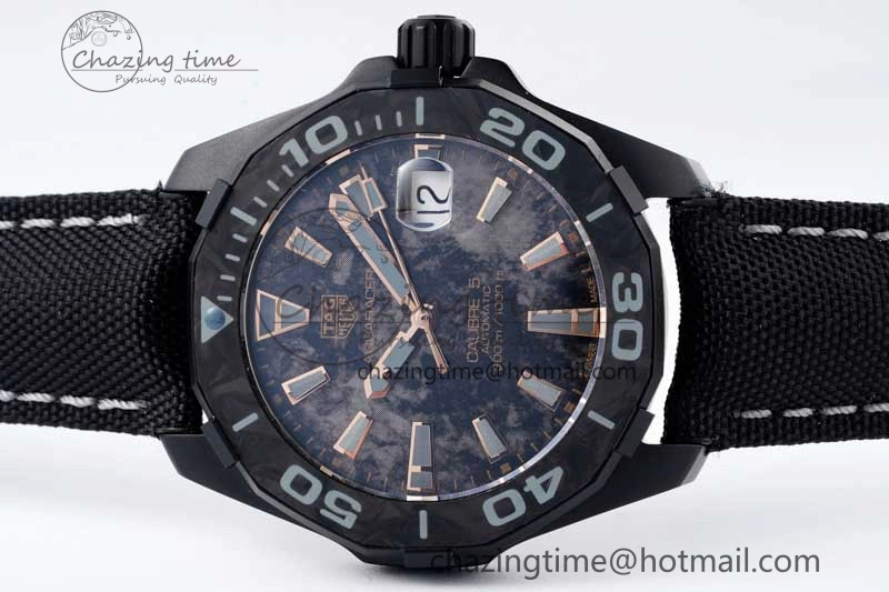 Aquaracer Calibre 5 PVD 41mm TARF 1:1 Best Edition Carbon RG Dial on Black Nylon Strap SW TechFriendly 9654
