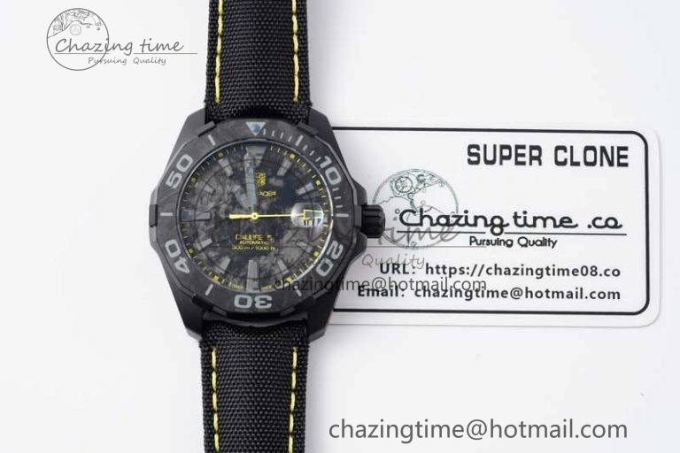 Aquaracer Calibre 5 PVD 41mm TARF 1:1 Best Edition Carbon RG Dial on Black Nylon Strap SW TechFriendly 9654