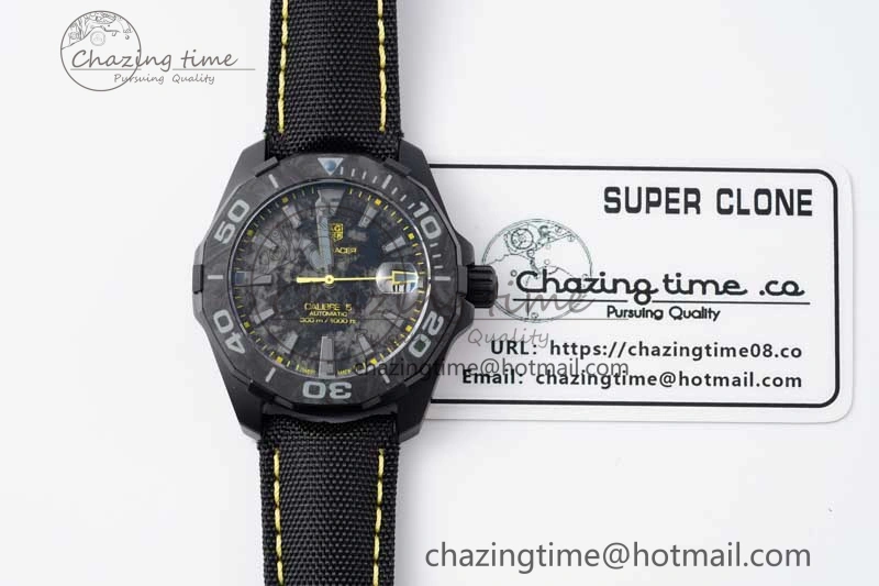Aquaracer Calibre 5 PVD 41mm TARF 1:1 Best Edition Carbon RG Dial on Black Nylon Strap SW TechFriendly 9654