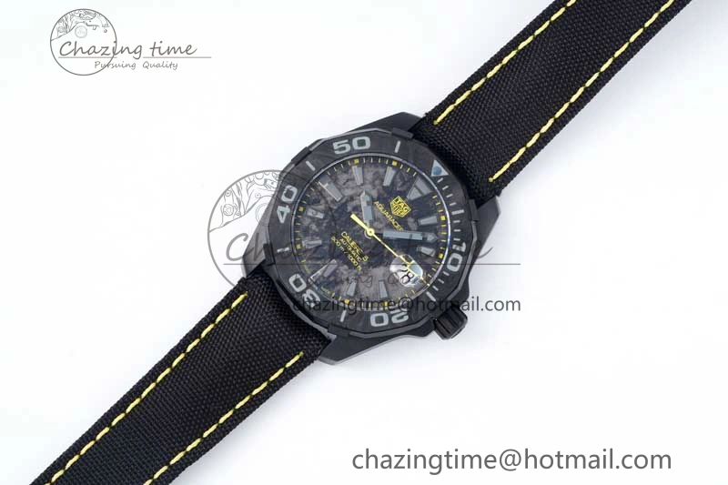 Thermal Aquaracer Calibre 5 PVD 41mm TARF 1:1 Best Edition Carbon Yellow Dial on Black Nylon Strap SW 9660