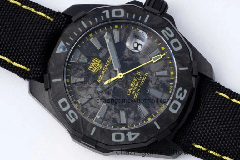 Thermal Aquaracer Calibre 5 PVD 41mm TARF 1:1 Best Edition Carbon Yellow Dial on Black Nylon Strap SW 9660