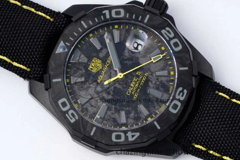 Thermal Aquaracer Calibre 5 PVD 41mm TARF 1:1 Best Edition Carbon Yellow Dial on Black Nylon Strap SW 9660