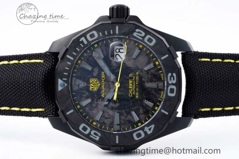 Thermal Aquaracer Calibre 5 PVD 41mm TARF 1:1 Best Edition Carbon Yellow Dial on Black Nylon Strap SW 9660