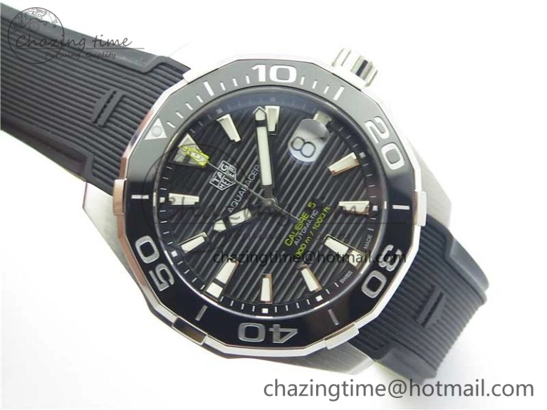 Fashionable Aquaracer Calibre 5 SS 43mm V6F 1:1 Best Edition Black Dial 2 Yellow Line on Black Rubber Strap A 9671