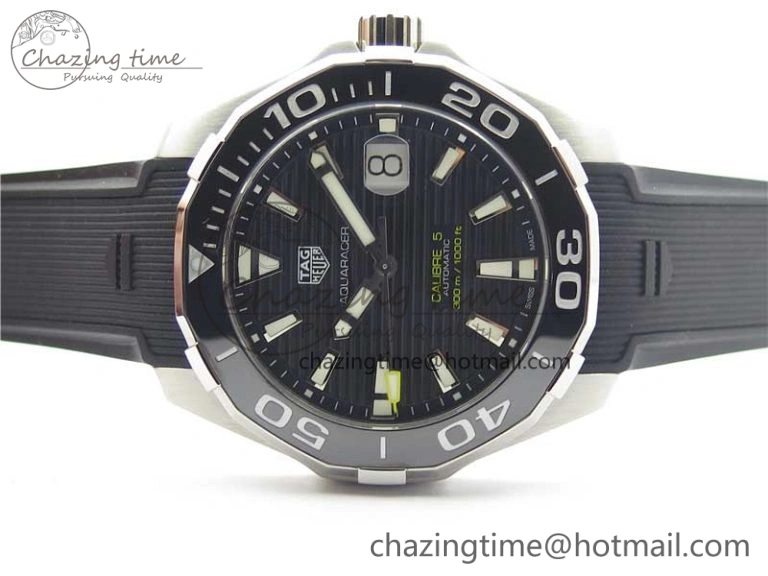 Fashionable Aquaracer Calibre 5 SS 43mm V6F 1:1 Best Edition Black Dial 2 Yellow Line on Black Rubber Strap A 9671