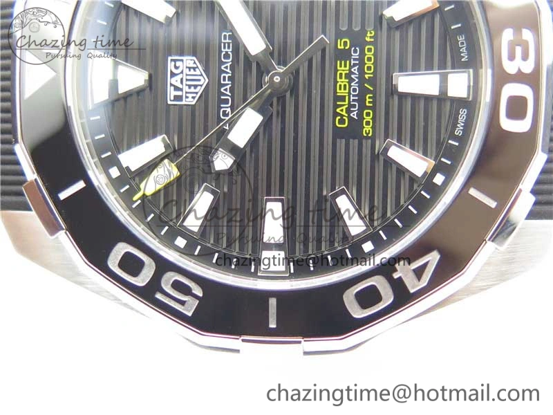 Fashionable Aquaracer Calibre 5 SS 43mm V6F 1:1 Best Edition Black Dial 2 Yellow Line on Black Rubber Strap A 9671