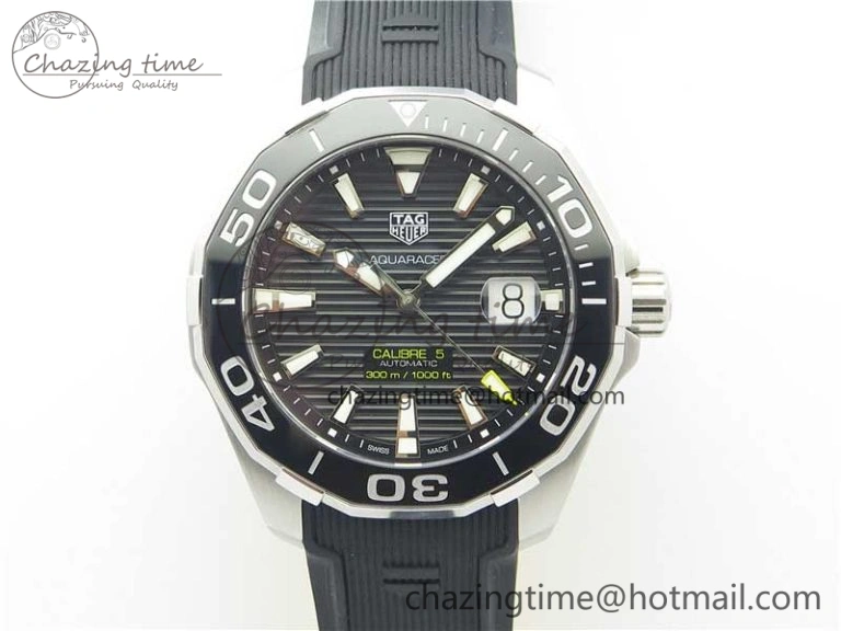 Fashionable Aquaracer Calibre 5 SS 43mm V6F 1:1 Best Edition Black Dial 2 Yellow Line on Black Rubber Strap A 9671
