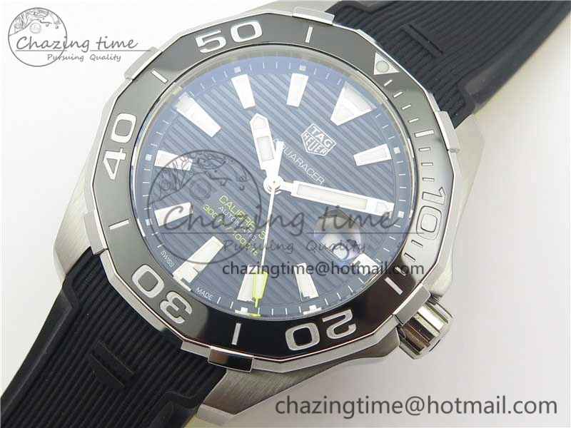 Fashionable Aquaracer Calibre 5 SS 43mm V6F 1:1 Best Edition Black Dial 2 Yellow Line on Black Rubber Strap A 9671
