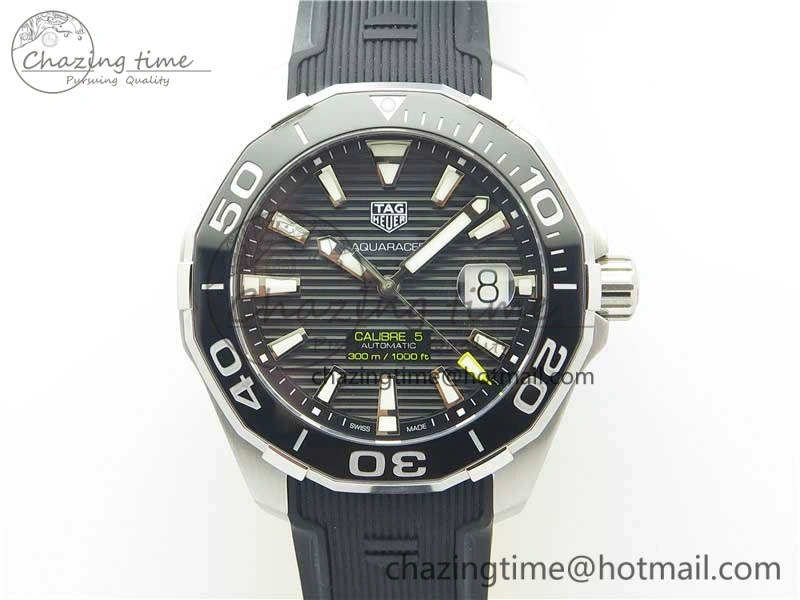 Fashionable Aquaracer Calibre 5 SS 43mm V6F 1:1 Best Edition Black Dial 2 Yellow Line on Black Rubber Strap A 9671