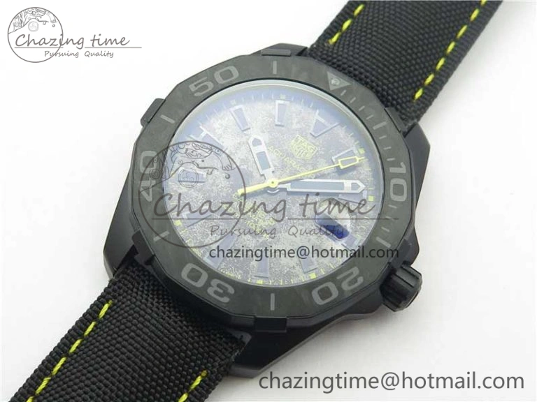 GoodFit Aquaracer Calibre 5 Yellow Carbon TBF 1:1 Best Edition Carbon Dial on Nylon Strap A 9677