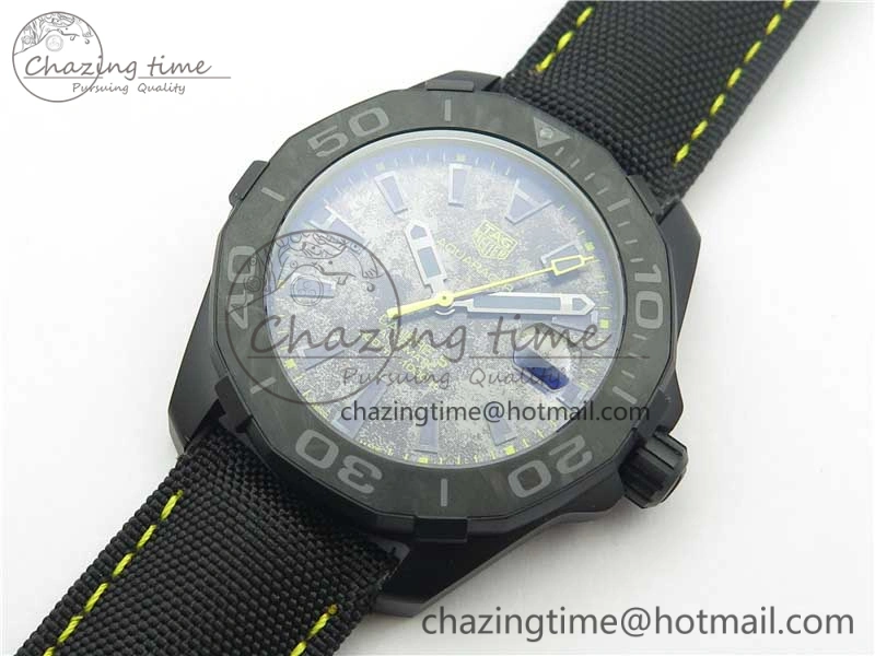 GoodFit Aquaracer Calibre 5 Yellow Carbon TBF 1:1 Best Edition Carbon Dial on Nylon Strap A 9677