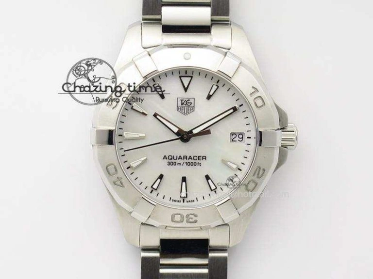 Cozy Aquaracer Ladies SS MOP White Diamond Markers Dial On SS Bracelet Swiss Quartz 9709