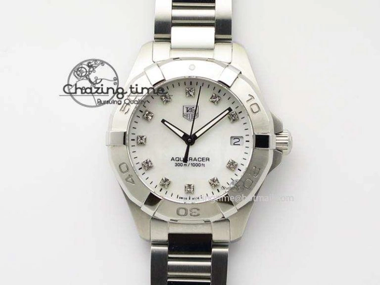 Cozy Aquaracer Ladies SS MOP White Diamond Markers Dial On SS Bracelet Swiss Quartz 9709