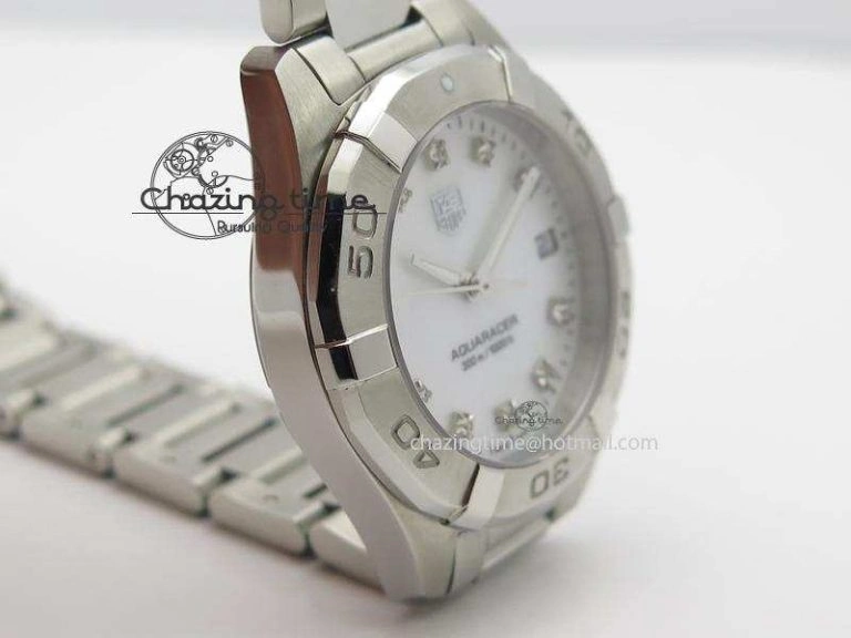 Cozy Aquaracer Ladies SS MOP White Diamond Markers Dial On SS Bracelet Swiss Quartz 9709