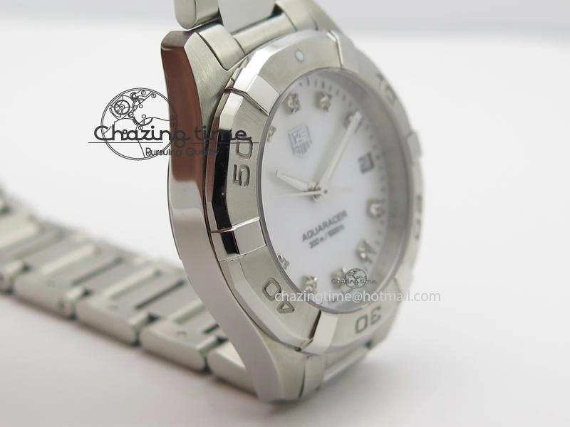 Cozy Aquaracer Ladies SS MOP White Diamond Markers Dial On SS Bracelet Swiss Quartz 9709
