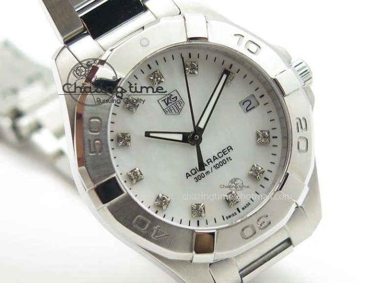 Cozy Aquaracer Ladies SS MOP White Diamond Markers Dial On SS Bracelet Swiss Quartz 9709