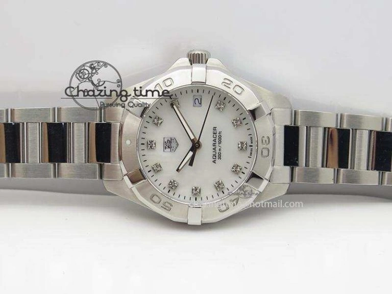 Cozy Aquaracer Ladies SS MOP White Diamond Markers Dial On SS Bracelet Swiss Quartz 9709