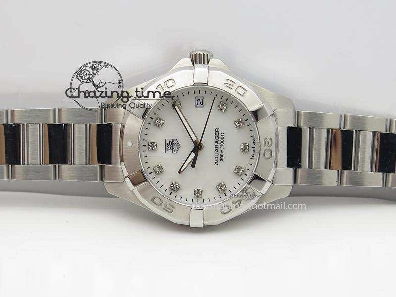 Cozy Aquaracer Ladies SS MOP White Diamond Markers Dial On SS Bracelet Swiss Quartz 9709
