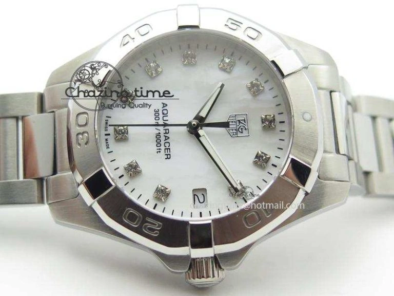 Cozy Aquaracer Ladies SS MOP White Diamond Markers Dial On SS Bracelet Swiss Quartz 9709