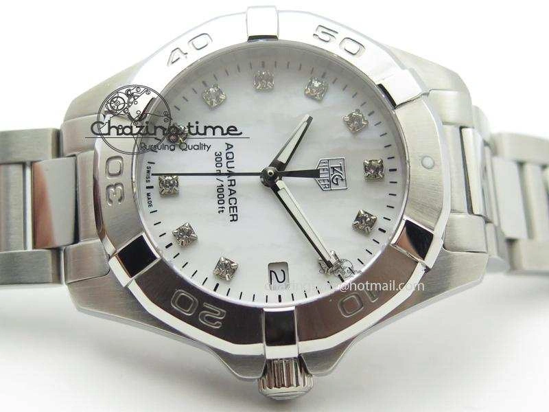 Cozy Aquaracer Ladies SS MOP White Diamond Markers Dial On SS Bracelet Swiss Quartz 9709