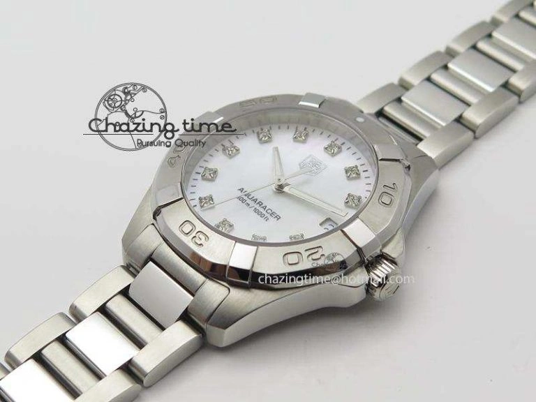 Cozy Aquaracer Ladies SS MOP White Diamond Markers Dial On SS Bracelet Swiss Quartz 9709