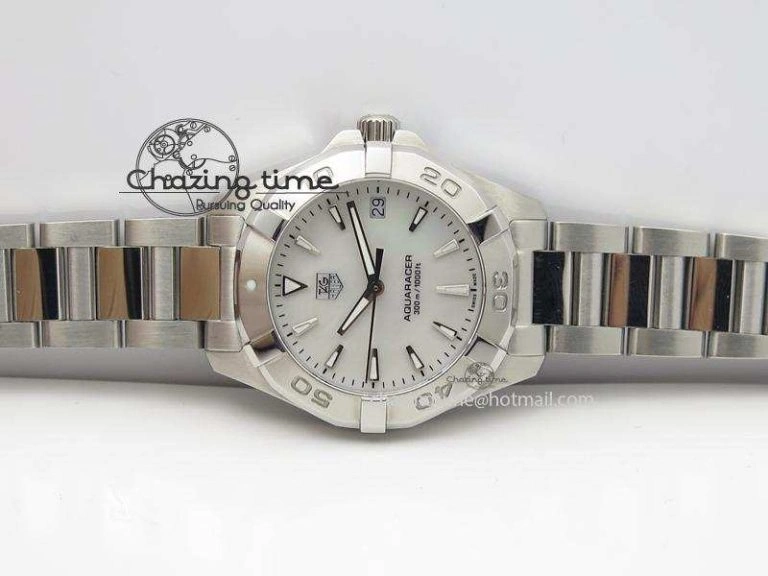 Aquaracer Ladies SS MOP White Stick Markers Dial On SS Bracelet Swiss Quartz Classic 9710