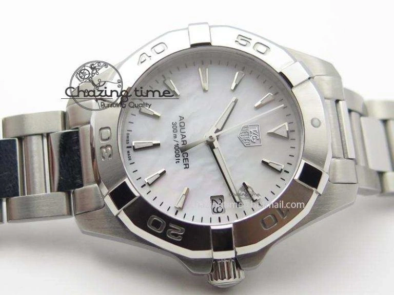 Aquaracer Ladies SS MOP White Stick Markers Dial On SS Bracelet Swiss Quartz Classic 9710