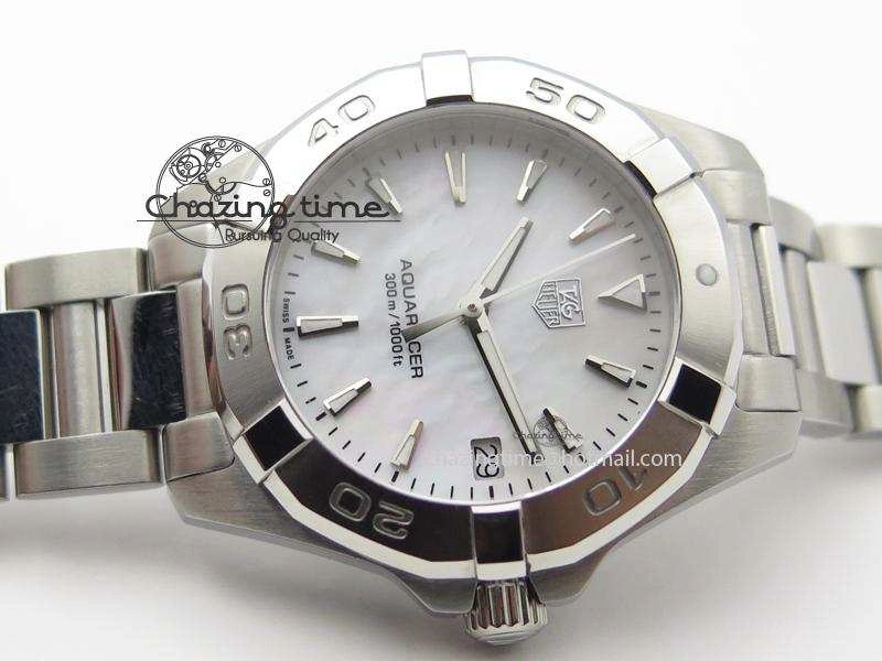 Aquaracer Ladies SS MOP White Stick Markers Dial On SS Bracelet Swiss Quartz Classic 9710