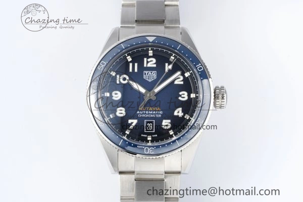Attractive Autavia SS 42mm TARF 1:1 Best Edition Blue Dial Blue Ceramic Bezel on SS Bracelet SW 9663