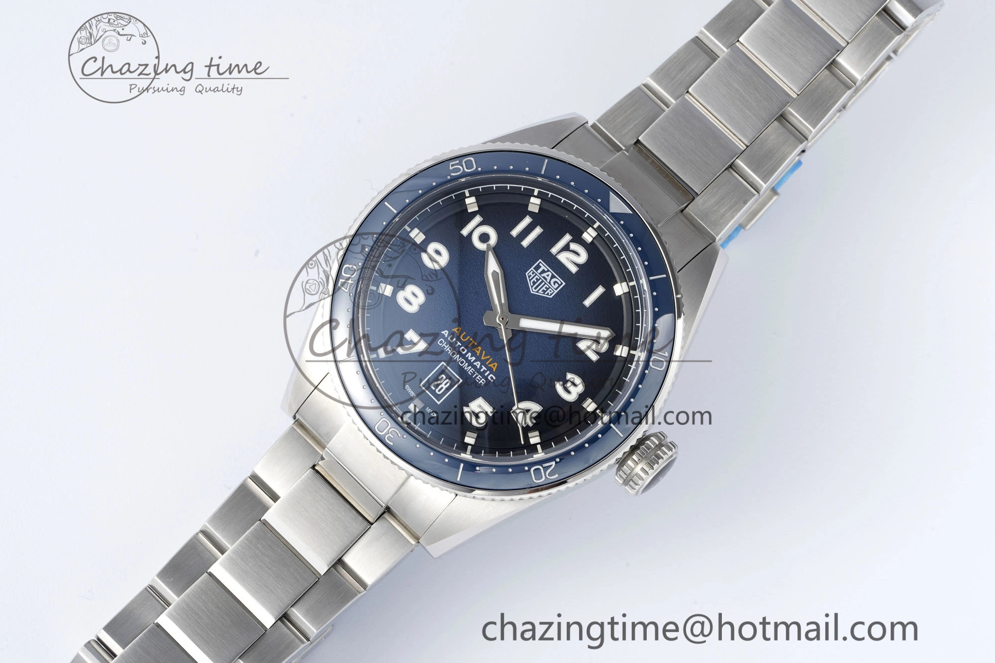 Attractive Autavia SS 42mm TARF 1:1 Best Edition Blue Dial Blue Ceramic Bezel on SS Bracelet SW 9663