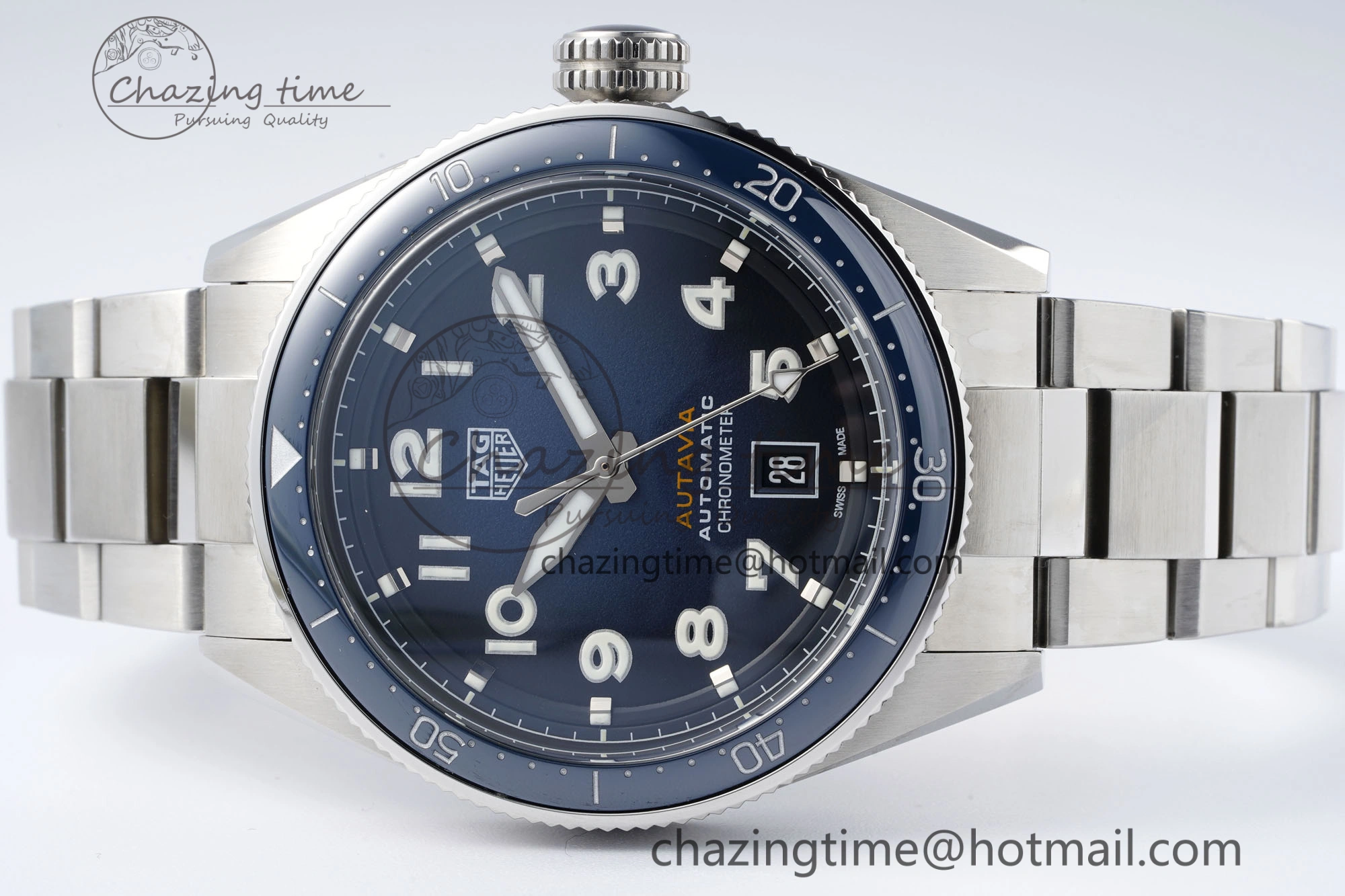 Attractive Autavia SS 42mm TARF 1:1 Best Edition Blue Dial Blue Ceramic Bezel on SS Bracelet SW 9663