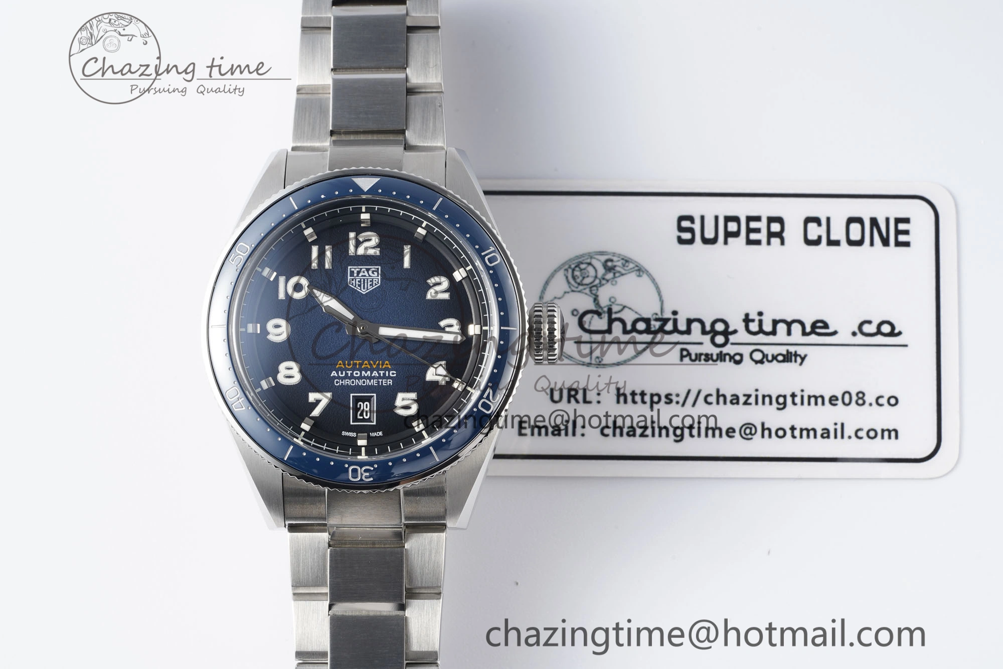 Attractive Autavia SS 42mm TARF 1:1 Best Edition Blue Dial Blue Ceramic Bezel on SS Bracelet SW 9663