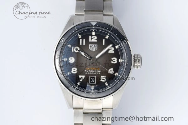 Classic Autavia SS 42mm TARF 1:1 Best Edition Gray Dial Black Ceramic Bezel on SS Bracelet SW 9656